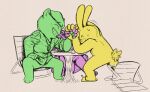  anthro arm_wrestling beaver bodily_fluids clothed clothing cuddles_(htf) flippy_(htf) group happy_tree_friends lagomorph leporid long_ears loodles male mammal rabbit rodent simple_background struggling sweat teeth toothy_(htf) ursid 
