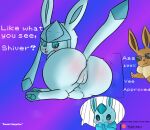  2021 anus blush butt digital_media_(artwork) eevee eeveelution english_text female feral genitals glaceon hi_res inside looking_back lying male nintendo on_side pinup pok&eacute;mon pok&eacute;mon_(species) pose presenting presenting_hindquarters pussy shiver_(shivereevee) solo_focus text toony tsoup video_games 