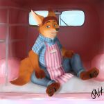  1:1 2016 absurd_res anthro apron belly black_nose blue_eyes bottomwear canid canine car clothing detailed_background disney fox gideon_grey hi_res inside_car jah male mammal pants shirt sitting slightly_chubby solo topwear vehicle zootopia 