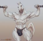  2021 abs anthro balls_outline barazoku biceps big_bulge big_muscles bulge chain clothing digital_media_(artwork) equid equine exercise front_view genital_outline grey_background hi_res horse laser_(artist) looking_at_viewer male mammal muscular muscular_anthro muscular_male navel nipples obliques pecs quads shaded simple_background solo standing text thong underwear url workout 
