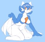  2021 alternate_species blue_hair blush breasts female gardevoir hair hi_res kittenboogers kittenboogers_(character) kneeling looking_at_viewer nintendo pok&eacute;mon pok&eacute;mon_(species) simple_background smile solo video_games yellow_eyes 