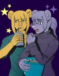  anthro beverage bowl clothing container drinking_glass duo eating_food female food fur glass hi_res male mammal popcorn pupils purple_background purple_body purple_eyes purple_fur shirt simple_background star straw sweater topwear unusual_pupils ursid usuario2_(artist) v-neck_shirt yellow_body yellow_eyes yellow_fur 