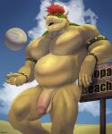  2021 anthro armband ball balls barazoku beach belly big_belly big_muscles bowser bracelet cloud day digital_media_(artwork) dkase english_text eyebrows flaccid foreskin genitals hair hi_res horn humanoid_genitalia humanoid_penis jewelry koopa looking_at_viewer low-angle_view male mario_bros musclegut muscular muscular_anthro muscular_male nintendo nude outside overweight overweight_anthro overweight_male pecs penis sand scalie seaside shaded shell sign smile solo spiked_armband spiked_bracelet spikes standing text uncut video_games volleyball_(ball) 