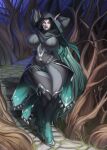  2021 7kuroame7 absurd_res clothed clothing digital_media_(artwork) elf eyebrows eyelashes female forest green_hair hair hi_res humanoid looking_at_viewer not_furry outside plant solo standing tree 