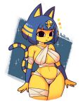  2021 :&lt; animal_crossing ankha_(animal_crossing) anthro bandage blue_background blue_hair choker domestic_cat eyebrow_through_hair eyebrows felid feline felis female fur hair jewelry looking_at_viewer mammal navel necklace nintendo portrait raised_eyebrows short_hair simple_background sky solo sparkles star starry_sky striped_tail stripes three-quarter_portrait translucent translucent_hair uraeus venky video_games white_background yellow_body yellow_fur 