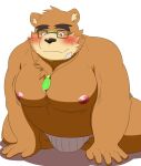  2021 anthro aosano_tenpura belly blush brown_body bulge clothing eyewear glasses hi_res humanoid_hands kemono male mammal moobs nipples overweight overweight_male solo tokyo_afterschool_summoners underwear ursid video_games volos 