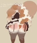  absurd_res anthro big_butt brown_hair butt clothed clothing eyewear female fishnet fishnet_legwear fur glasses hair hi_res huge_butt legwear maid_uniform mammal mochimelted multicolored_body multicolored_fur no_underwear simple_background solo tan_background two_tone_body two_tone_fur uniform 