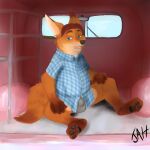  1:1 2016 absurd_res anthro belly black_nose blue_eyes bulge canid canine car clothing detailed_background disney fox gideon_grey hi_res inside_car jah male mammal shirt sitting slightly_chubby solo topwear underwear vehicle zootopia 