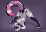  anthro ass_up bell bell_collar big_ears black_body black_fur butt claws collar dragon ear_piercing eyebrow_piercing facial_piercing female flesh_tunnel fur furred_dragon gauged_ear hair horn jack-o&#039;_pose lying_on_ground maaia mane mane_hair paws piercing pink_body pink_fur pose raised_tail ribbons simple_background solo spots spotted_body spotted_fur spread_legs spreading tail_bow tail_ribbon white_body white_fur 
