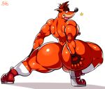  activision anthro bandicoot big_butt bobthetanuki brown_hair bubble_butt butt clothing crash_bandicoot crash_bandicoot_(series) footwear fur hair hi_res huge_butt male mammal marsupial muscular muscular_anthro muscular_male nipples nude orange_body orange_fur pecs shoes simple_background socks solo thick_thighs tongue tongue_out video_games white_background 