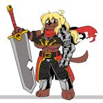  1:1 2021 4_fingers abs ahoge anaugi anthro armband armor barefoot belt biceps big_breasts blonde_hair bottomwear breasts brown_body brown_fur canid canine canis clothing crop_top domestic_dog feet female fingers fur greaves hair holding_object holding_sword holding_weapon knight long_hair looking_at_viewer mammal melee_weapon midriff miel_gallerte_(anaugi) muscular muscular_anthro muscular_female pants pauldron scarf shirt simple_background smile solo standing sword topwear under_boob vambraces warrior weapon white_background 