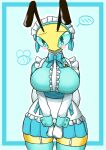  antennae_(anatomy) anthro arthropod bee big_breasts big_butt blush blush_stickers bow_tie breasts butt butt_from_the_front clothed clothing curvy_figure embarrassed eyebrows female hi_res hymenopteran insect insect_wings legwear maid_headdress maid_uniform melobee simple_background solo stockings thick_thighs thigh_highs uniform voluptuous wide_hips wide_thighs wings woebeeme 