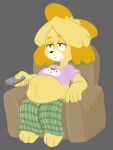  3:4 animal_crossing anthro armchair belly bf-felz bored canid canine canis chair clothed clothing domestic_dog female furniture hi_res isabelle_(animal_crossing) mammal navel nintendo overweight pajamas solo tv_remote video_games 