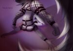  2021 5_fingers anthro ass_up barely_visible_genitalia barely_visible_pussy biped black_nose breasts butt canid canid_demon canine canis clothed clothing demon digital_media_(artwork) fanarts female fingers fishnet fishnet_bottomwear fur genitals grey_body grey_fur half-closed_eyes hellhound helluva_boss jack-o&#039;_pose looking_back loona_(vivzmind) mammal meme multicolored_tail narrowed_eyes navel nude nuxinara pose pussy red_sclera solo white_eyes 