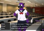  anthro black_body black_fur blush english_text eyewear fur girly glasses hi_res hyaenid male mammal nijtus nijtus_(nijtus) purple_body purple_fur solo spots spotted_body spotted_fur text video_games visual_novel 