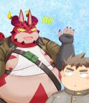  2021 anthro belly blush chubby_protagonist_(tas) cthugha_(tas) duo eyes_closed hi_res human humanoid_hands kemono male male/male mammal marumu_5656 moobs nipples obese obese_male overweight overweight_male protagonist_(tas) red_body tokyo_afterschool_summoners video_games 