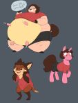  2021 3:4 alternate_species anthro belly big_belly bodily_fluids bottomwear breasts brown_hair canid clothing equid equine eyewear female feral glasses hair hi_res horn hyper hyper_belly implied_transformation lactating looking_aside mammal miltank nintendo obese overweight pink_body pok&eacute;mon pok&eacute;mon_(species) projectile_lactation red_clothing red_shirt red_topwear shirt shorts simple_background smile standing subakitsu teats topwear udders unicorn video_games 