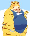  0119_muu 2021 anthro belly big_belly blush clothing felid hi_res japanese_text kemono male mammal one-piece_swimsuit overweight overweight_male pantherine school_swimsuit simple_background solo swimwear text tiger 