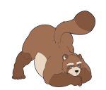  2021 anthro belly black_nose blue_eyes brown_body canid canine gendomx hi_res jack-o&#039;_pose male mammal overweight overweight_male pose raccoon_dog simple_background solo tanuki white_background 