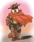  2016 anthro black_nose blizzard_entertainment bottomwear canid canine cape captainjusticevirtsuoso clothing cowboy disney fox gideon_grey hat headgear headwear hi_res humanoid_hands male mammal overwatch pants slightly_chubby smoking solo video_games zootopia 