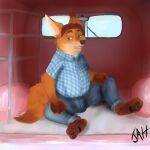  1:1 2016 absurd_res anthro belly black_nose blue_eyes bottomwear bulge canid canine car clothing detailed_background disney fox gideon_grey hi_res inside_car jah male mammal pants shirt sitting slightly_chubby solo topwear vehicle zootopia 