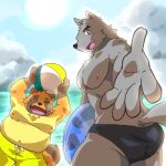  1:1 2021 anthro ball belly brown_body brown_fur butt canid canine canis clothing domestic_dog duo eyes_closed fur humanoid_hands kemono low_res male mammal moobs nipples outside overweight overweight_male raccoon_dog swimwear tabo_bear tanuki water 
