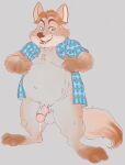  2016 anthro balls belly bodily_fluids canid canine clothed clothing disney fox genital_fluids genitals gideon_grey hi_res male mammal moobs navel open_clothing open_shirt open_topwear overweight overweight_male penis precum shirt simple_background solo tbid topwear zootopia 