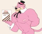  2021 5:4 abs anthro big_muscles bow_tie box cereal clothing container cougar felid feline food fur hand_behind_back hanna-barbera hat headgear headwear hi_res holding_box holding_object kellogg&#039;s male mammal mosin muscular muscular_anthro muscular_male narrowed_eyes navel nipples nude pecs pink_body pink_fur simple_background smile snagglepuss snagglepuss_(series) solo top_hat tuft whiskers white_background 