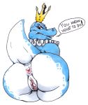  activision anthro anus bent_over blue_body blue_scales bodily_fluids butt crown dialogue dragon female genitals hi_res mostly_nude presenting presenting_hindquarters pussy rear_view scales scalie sharp_teeth simple_background solo sorceress_(spyro) spyro_the_dragon sweat teeth text thespanker_(artist) video_games white_background 