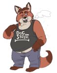  2018 anthro baron_puddin_paws belly bottomwear canid canine clothing disney fox gideon_grey hi_res male mammal one_eye_closed overweight overweight_male pants shirt simple_background smoking solo topwear white_background wink zootopia 
