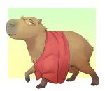  2021 ambiguous_gender brown_body brown_eyes brown_fur brown_hair capybara caviid clothing eyewear fur glasses hair implied_transformation looking_back looking_down mammal red_clothing red_shirt red_topwear rodent shirt side_view simple_background smile solo subakitsu topwear 
