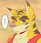  2021 anthro clothed clothing eyebrows felid fur male mammal morenatsu pantherine shimomaro solo thick_eyebrows tiger topwear torahiko_(morenatsu) video_games visual_novel 