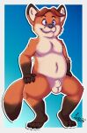  2018 absurd_res balls belly black_nose canid canine cute_fangs disney fox genitals gideon_grey hi_res humanoid_hands kingdraws male mammal penis simple_background sitting slightly_chubby zootopia 