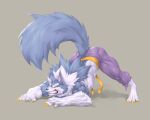  2021 5:4 anthro biceps blue_body bottomwear canid canine canis capcom captainjohkid clothing darkstalkers fur hi_res jack-o&#039;_pose jon_talbain male mammal muscular muscular_male pose simple_background solo video_games were werecanid werecanine werewolf white_body wolf 