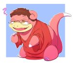  2021 ? brown_hair clothing confusion eyewear glasses hair implied_transformation looking_up male nintendo obese overweight pink_body pok&eacute;mon pok&eacute;mon_(species) red_clothing red_shirt red_topwear shirt sititng slowpoke smile solo subakitsu topwear video_games 