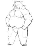  2021 anthro belly clothing hi_res kemono male mammal monochrome moobs navel nipples overweight overweight_male shiike999 simple_background solo suid suina sus_(pig) underwear white_background wild_boar 