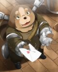  &lt;3 2015 4:5 anthro black_nose blush brown_body brown_fur canid canine canis clothing detailed_background domestic_dog fur hinami humanoid_hands kemono letter male mammal overweight paesyn popori shirt slightly_chubby solo tera_online topwear video_games 