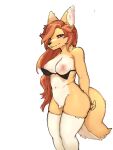  2021 3:4 anthro areola belly big_breasts black_bra black_clothing black_underwear blush bra breasts canid canine clothing crotch_tuft ear_tuft exposed_breasts female fingers fluffy fluffy_tail fox fur hair hi_res inner_ear_fluff kemono legwear long_hair looking_at_viewer mammal mostly_nude multicolored_body multicolored_fur navel neck_tuft nipples portrait rapel red_eyes red_hair simple_background snout solo standing thigh_highs three-quarter_portrait tuft two_tone_body two_tone_fur underwear white_background white_body white_fur yellow_body yellow_fur 