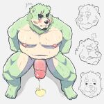  1:1 2021 anthro belly black_nose blush bodily_fluids cute_fangs erection genital_fluids genitals green_body hi_res kemono male mammal moobs navel nipples overweight overweight_male peeing peekeroro penis scar sitting solo sweat urine ursid watersports 