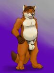  2018 anthro balls belly biped black_nose blue_eyes canid canine disney fox genitals gideon_grey hi_res male mammal penis simple_background slightly_chubby solo tokon zootopia 
