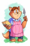  2017 anthro apron belly bottomwear bowzdoodlebits canid canine clothing dessert disney food fox gideon_grey male mammal overweight overweight_male pants pie shirt solo topwear zootopia 