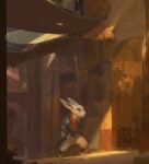  2021 absurd_res anthro city clothed clothing day detailed_background digital_media_(artwork) hi_res lagomorph leporid lofi long_ears male mammal outside rabbit scut_tail solo 