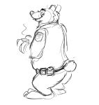  anthro belt beverage cheek_tuft clothed clothing coffee coffee_mug disney facial_tuft grivaire guide_lines looking_at_viewer male mammal monochrome plantigrade police_officer police_uniform short_tail sketch smile solo steam three-quarter_view tuft unavailable_at_source uniform ursid zootopia 