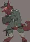  anthro barefoot biped canid canine clothed clothing digitigrade fangs feet female fur gun hi_res holding_object holding_weapon mammal mg34 nazi open_mouth ranged ranged_weapon scar sergeant_(xenopera) simple_background solo teeth tongue uniform weapon wehrmacht were werecanid werecanine werewolf xenopera yellow_eyes 