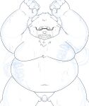  2021 anthro balls belly belly_grab bodily_fluids canid canine canis crying domestic_dog eyewear genitals glasses hi_res humanoid_hands kemono male mammal marumaru_hh moob_grab moobs overweight overweight_male penis simple_background small_penis solo_focus tears white_background 