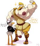 absurd_res anatid anseriform anthro avian balls beak big_balls big_muscles big_pecs big_penis bird blonde_hair bobthetanuki bottomless clothed clothing disney donald_duck duck ducktales ducktales_(2017) duo english_text feathers genitals hair hat headgear headwear hi_res huge_penis male male/male muscular muscular_anthro muscular_male nipples partially_clothed pecs penis standing storkules text white_body white_feathers 
