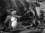  2017 3_toes 4:3 4_fingers anthro belly big_belly canid canine covering covering_crotch covering_self dbruin disney duo feet fingers flaccid fox genitals gideon_grey gloves_(marking) greyscale hand_holding hi_res hindpaw humanoid_hands leg_markings male male/male mammal markings monochrome nature navel nervous nervous_smile nick_wilde nude outside overweight overweight_male partially_submerged paws penis plant skinny_dipping socks_(marking) toes tree water zootopia 