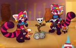  2021 accessory ailurid anthro blurred_background bottomwear canid canine clothed clothing digital_media_(artwork) feral fox group gun headband loincloth magenta7 mammal open_mouth ranged_weapon red_panda signature sleeping smile tongue weapon 