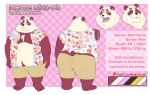  2021 absurd_res anthro belly black_nose bottomwear butt clothed clothing english_text eyes_closed giant_panda hi_res male mammal model_sheet open_clothing open_shirt open_topwear overweight overweight_male sato_afroleone shirt shorts solo text topwear ursid 