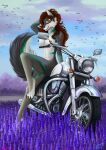  absurd_res alexandradane biker breasts canid canine canis female green_stripes grey_body hair hi_res lavender_(flower) mammal motorcycle nipples red_hair stripes vehicle wolf 